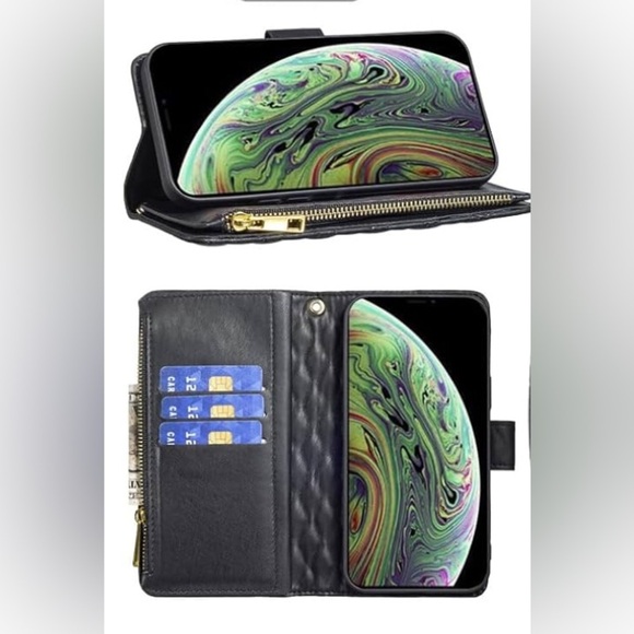 Black Quilted iPhone Xs, X Wallet Cover with Flip Credit Card Holder Stand - Picture 8 of 9